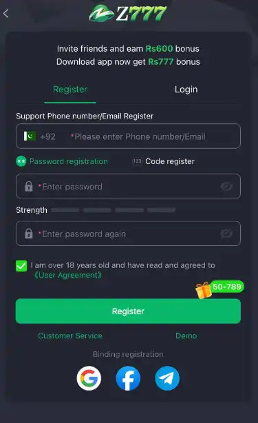 Z777 game download registration screen